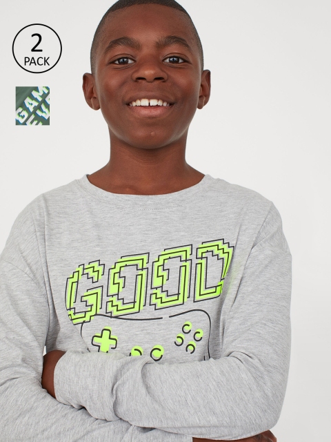

H&M Boys Grey Melange & Olive Green 2-Pack Printed Jersey T-shirt