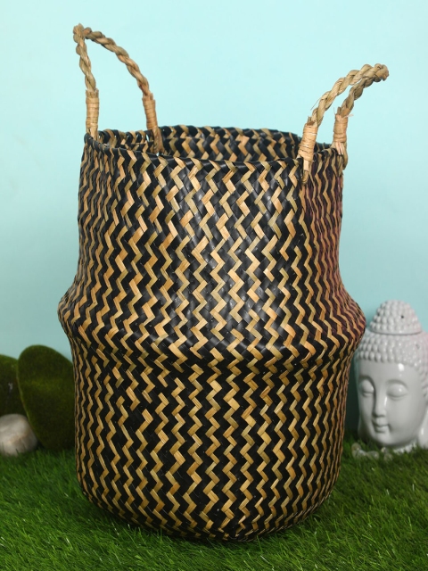 

PolliNation Natural Plush Woven Seagrass Black Tote Belly Basket