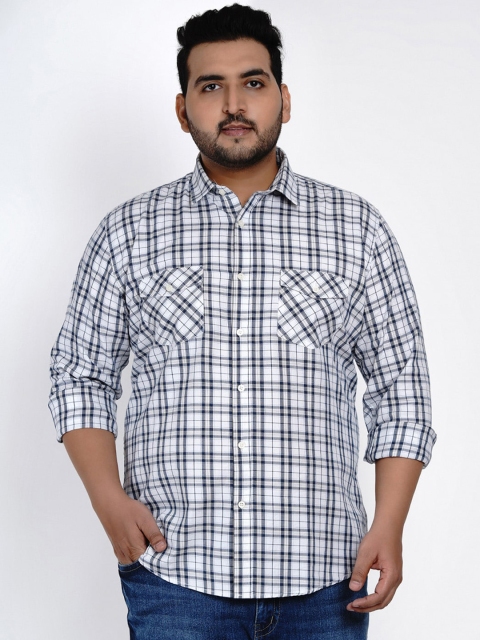 

John Pride Men White & Blue Regular Fit Checked Plus Size Casual Shirt