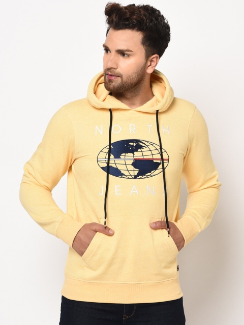 

98 Degree North Men Yellow & Navy Blue Printed Hooded Sweatshirt