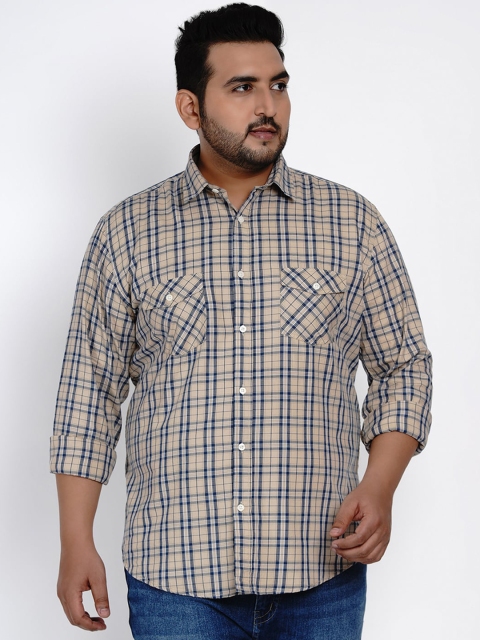 

John Pride Men Beige & Blue Regular Fit Checked Casual Shirt