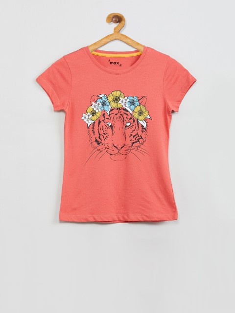 

max Girls Rust Orange Floral Print Round Neck T-shirt