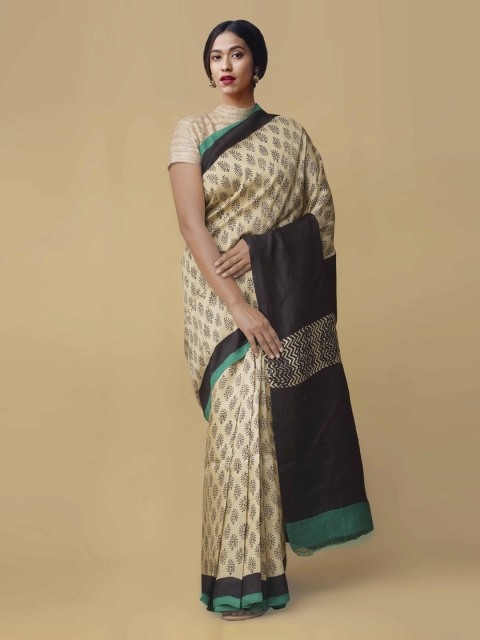 

Unnati Silks Cream-Coloured Handloom Pure Silk Printed Tussar Saree