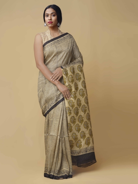 

Unnati Silks Cream-Coloured & Black Pure Silk Printed Tussar Saree