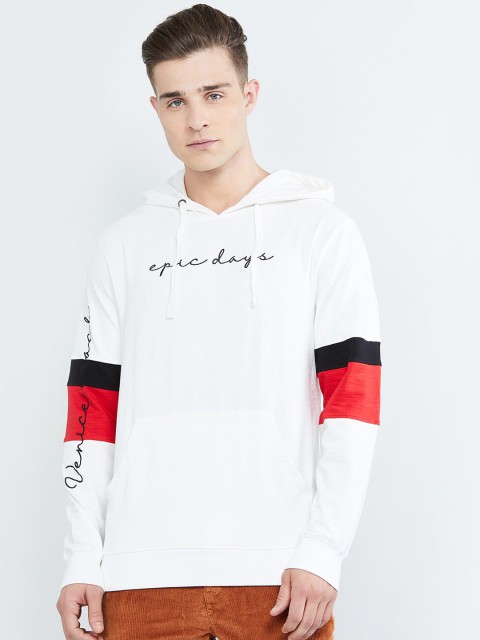 

max Men White Printed Hooded Sweatshirt