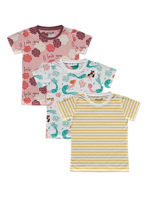 

mezmoda Girls Pack Of 3 Multicoloured Printed Round Neck T-shirts, Multi