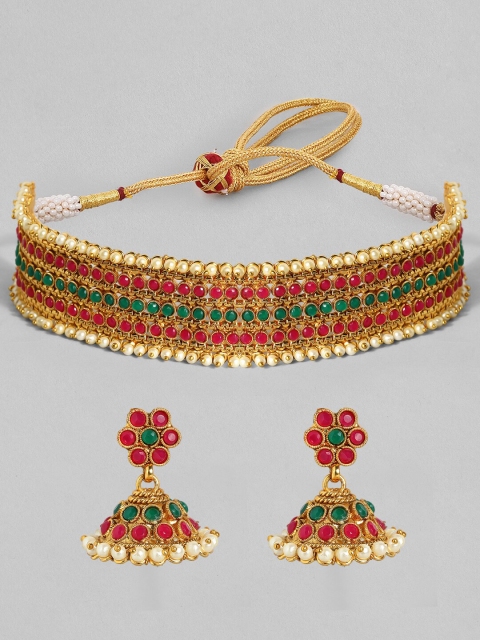 

Rubans Gold-Plated Red & White Faux Ruby Studded & Beaded Jewellery Set