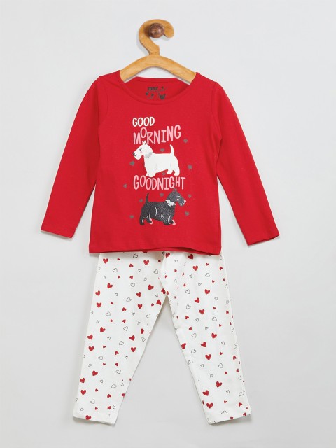 

max Girls Red & White Printed Night suit