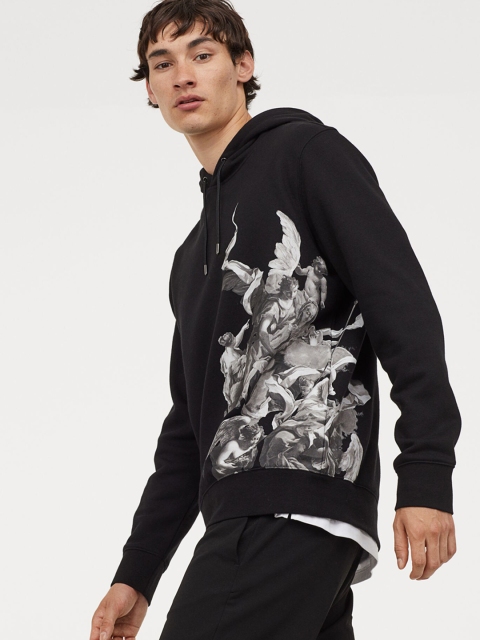 

H&M Men Black & Grey Printed Hooded Sweatshirt