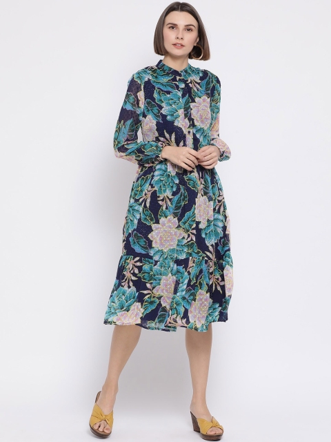 

Oxolloxo Women Black & Teal Green Floral Print Shirt Dress