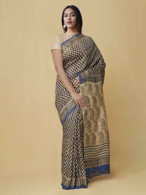 

Unnati Silks Black & Brown Pure Silk Printed Tussar Sustainable Saree