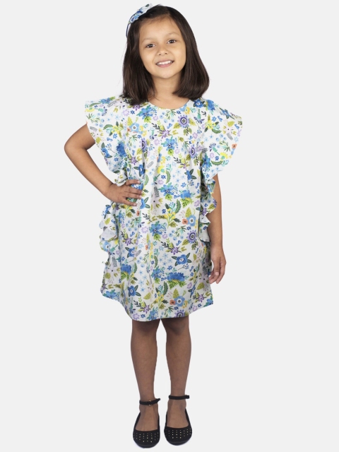 

RIBBON CANDY Girls White & Blue Printed A-Line Dress With Hair Clip