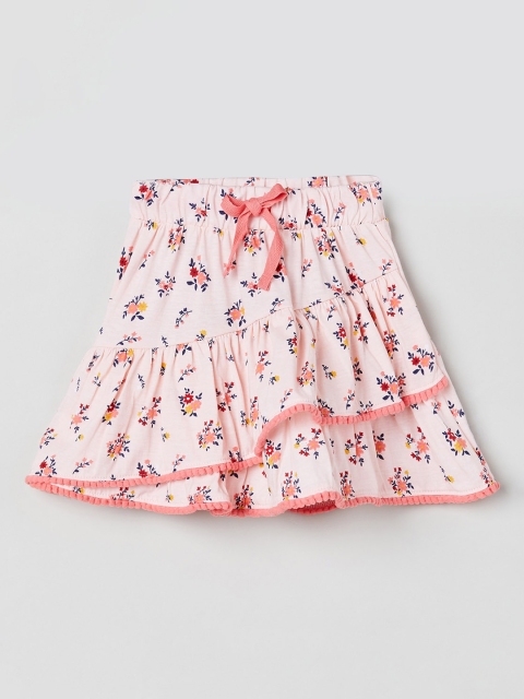 

max Girls Pink & Peach-Coloured Floral-Printed A-Line Pure Cotton Skirt