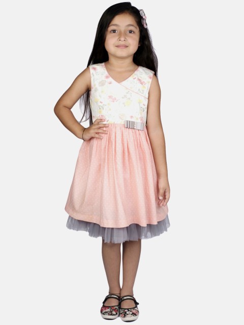 

RIBBON CANDY Girls Peach-Coloured & White Printed Fit and Flare Dress