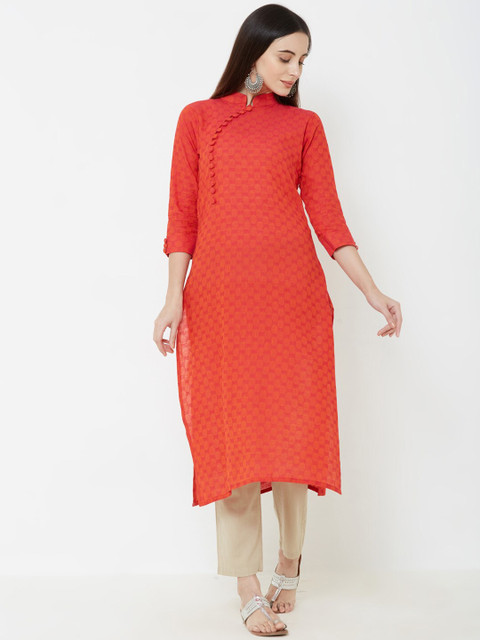 

FASHOR Women Orange Woven Design Straight Kurta