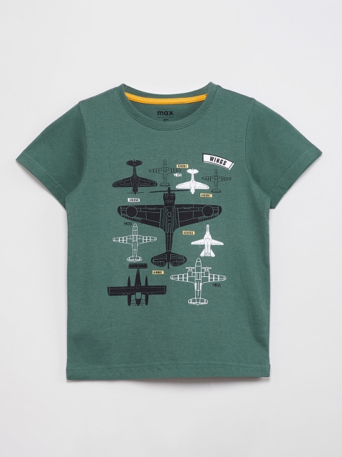 

max Boys Olive Green Printed Round Neck T-shirt