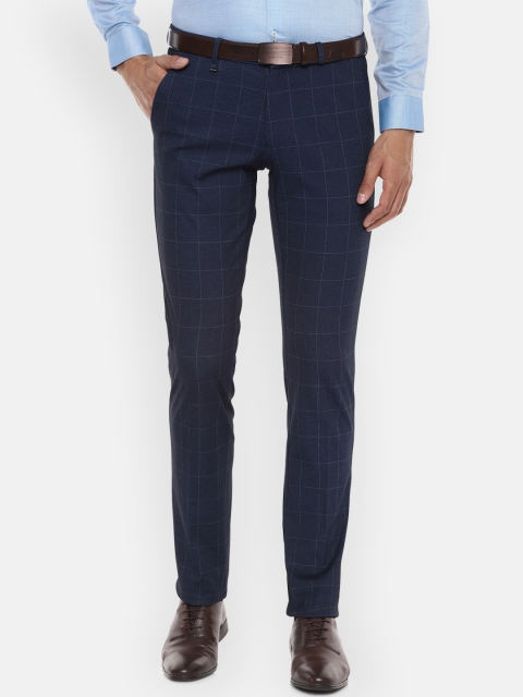 

Van Heusen Men Navy Blue Slim Fit Checked Formal Trousers