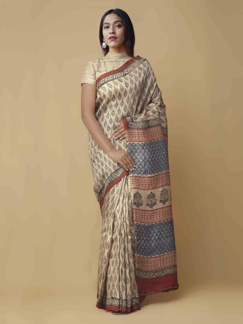 

Unnati Silks Cream-Coloured & Red Pure Silk Printed Tussar Saree