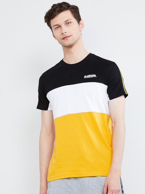 

max Men Yellow & Black Colourblocked Round Neck T-shirt