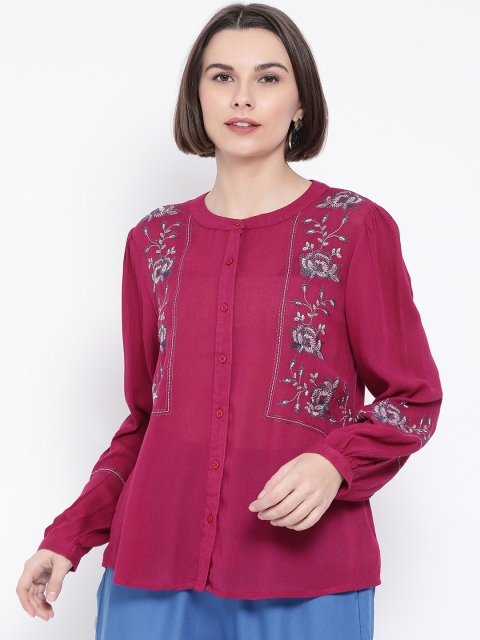 

Oxolloxo Women Fuchsia Pink Regular Fit Embroidered Casual Shirt