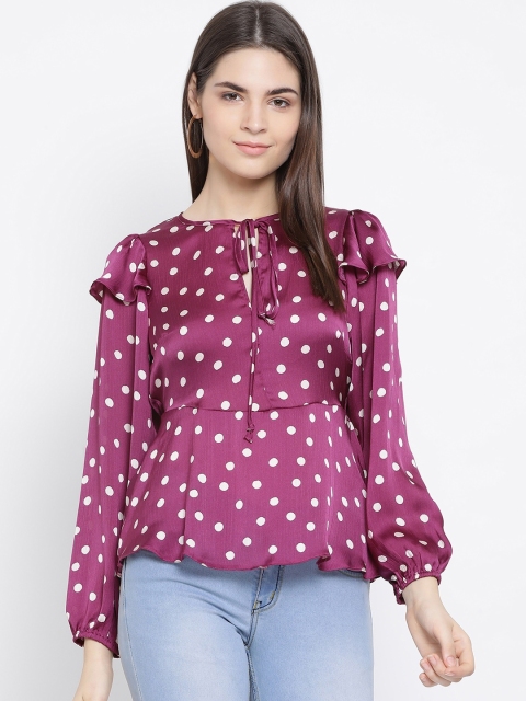 

Oxolloxo Women Magenta & White Polka Dots Printed Peplum Top