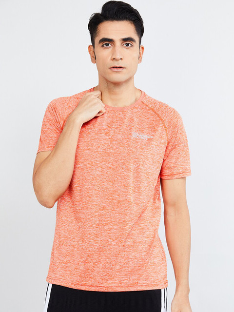 

max Men Orange Self Design Mandarin Collar T-shirt