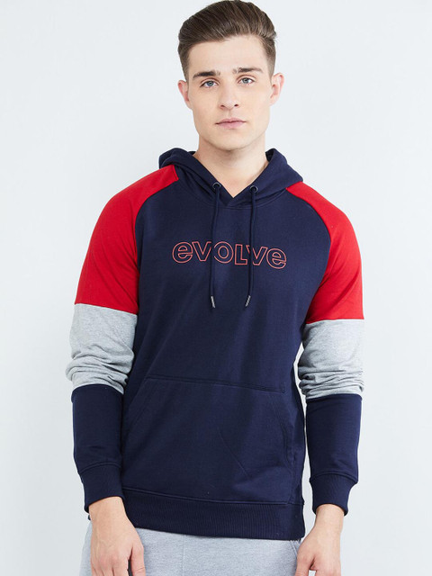 

max Men Blue & Red Colourblocked Hooded Sweatshirt