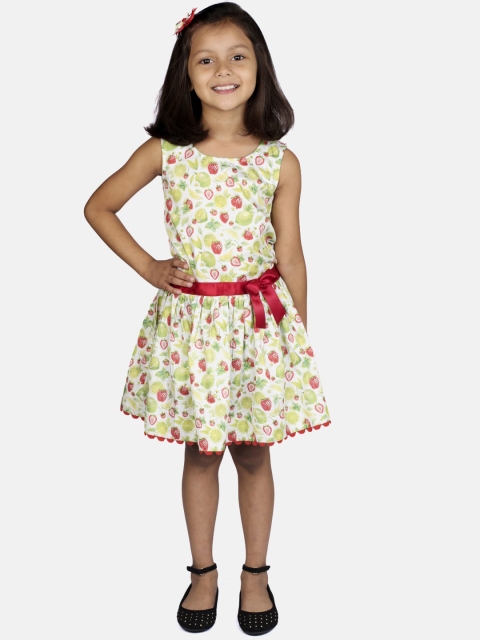 

RIBBON CANDY Girls Off-White & Green Printed Fit and Flare Dress With Tic Tac Hair Clips