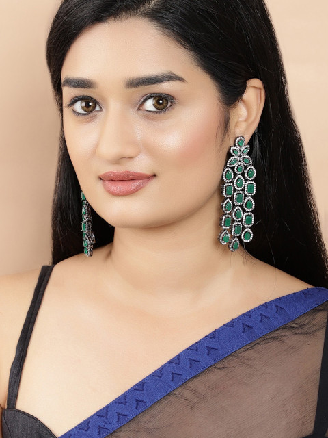 

rubans LUXURY Silver-Plated & Green Handcrafted CZ Studded Classic Drop Earrings