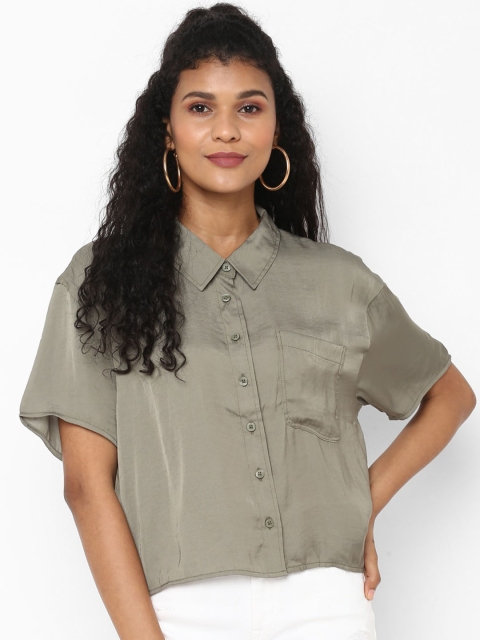 

AMERICAN EAGLE OUTFITTERS Women Olive Green Classic Regular Fit Solid Casual Shirt