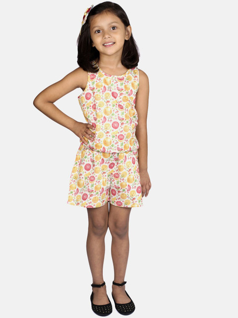 

RIBBON CANDY Girls Orange & Pink Printed Basic Jumpsuit With Hair Clip