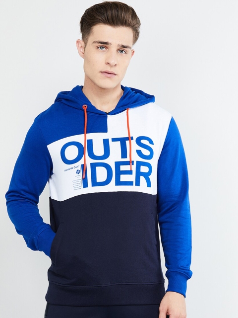 

max Men Blue & White Colourblocked Hooded Sweatshirt