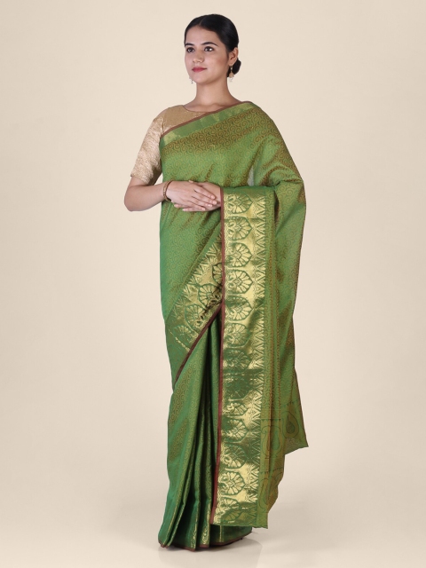 

CLAI WORLD Green & Gold-Toned Handloom Cotton Blend Solid Banarasi Saree