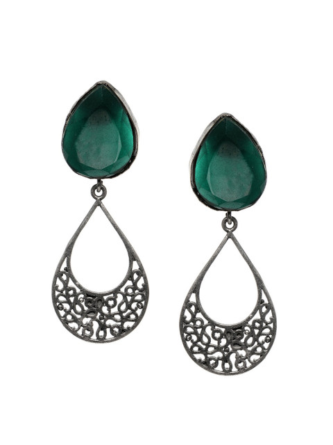 

INDYA Silver-Plated & Green Teardrop Shaped Drop Earrings