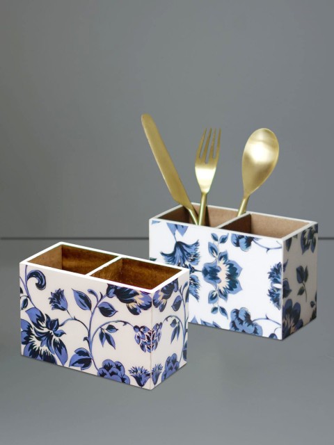 

nestroots Set Of 2 White & Blue Printed MDF Cutlery Holders