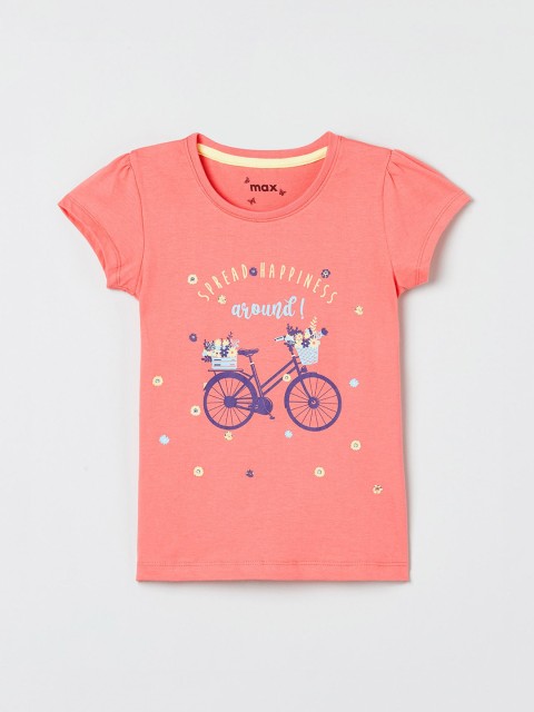 

max Girls Coral Pink Printed Round Neck T-shirt