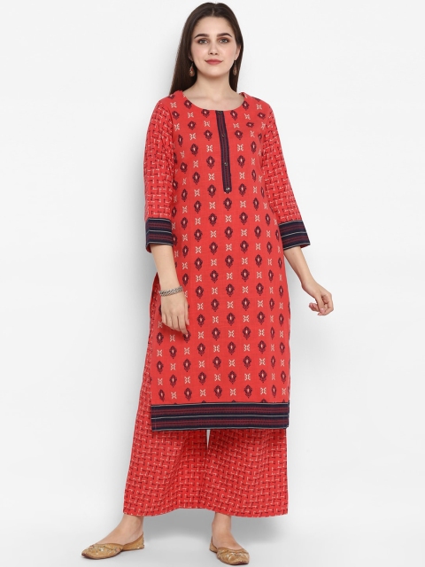 

ZOEYAMS Women Coral Red Printed Kurta with Palazzos
