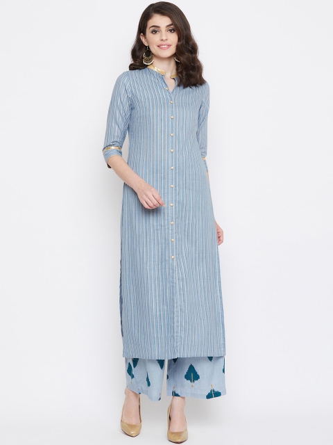 

Tulsattva Women Blue Striped Kurta with Palazzos