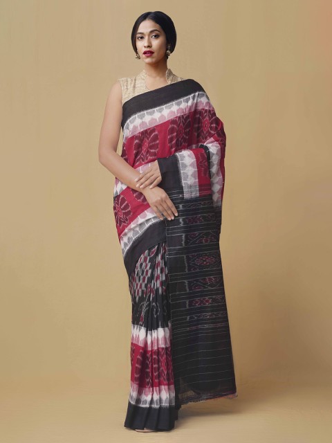 

Unnati Silks Black & Red Pure Cotton Printed Sambalpuri Saree