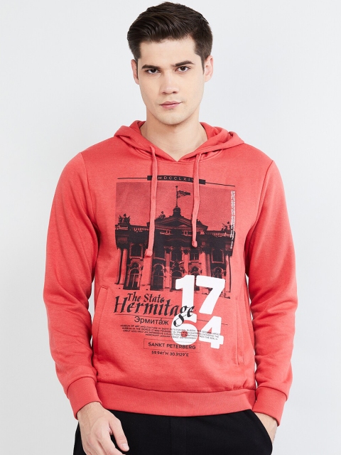 

max Men Red Printed Hooded Sweatshirt