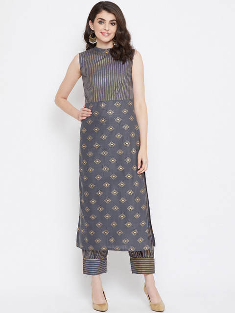 

Tulsattva Women Grey & Gol Printed Kurta with Trousers