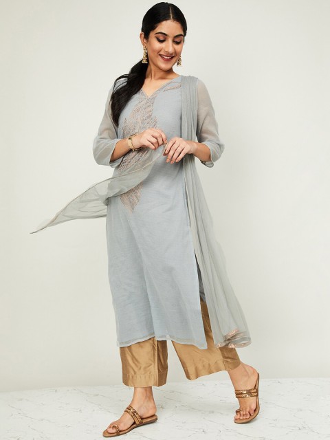 

Melange by Lifestyle Women Grey & Gold-Coloured Embroidered Kurta with Palazzos & Dupatta