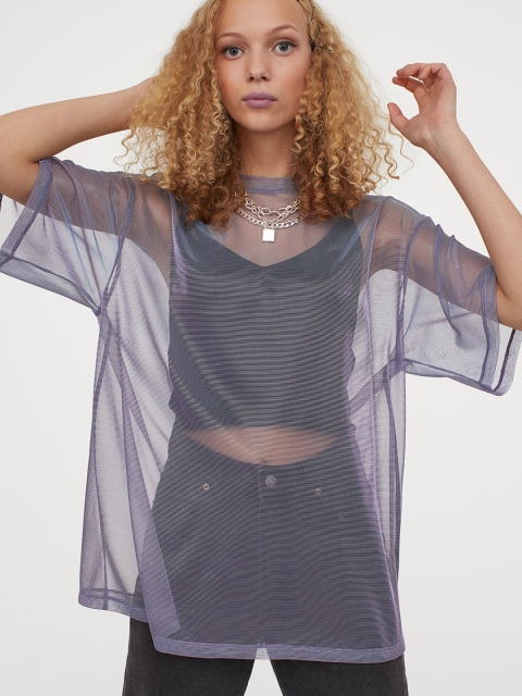 

H&M Women Purple Oversized Mesh T-shirt