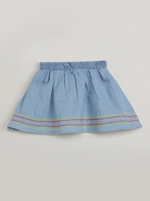 

max Girls Blue Solid Embroidered A-Line Denim Skirt