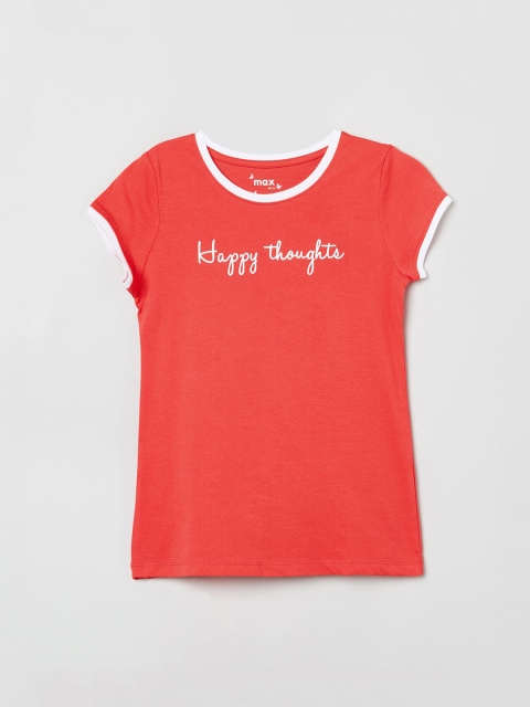 

max Girls Coral Pink Printed Round Neck T-shirt