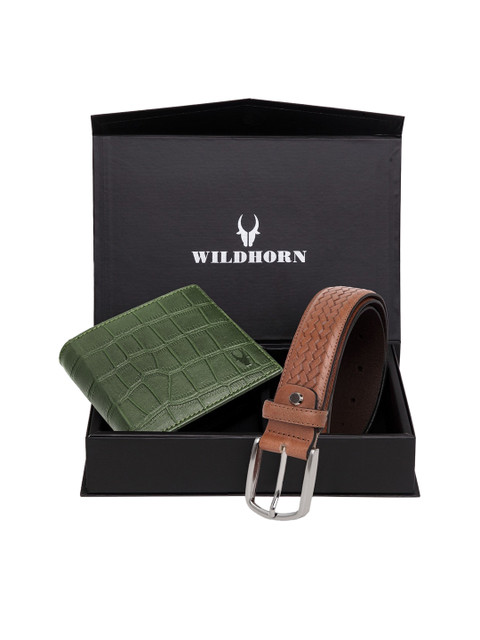 

WildHorn Men Green & Brown RFID Protected Genuine Leather Accessory Gift Set