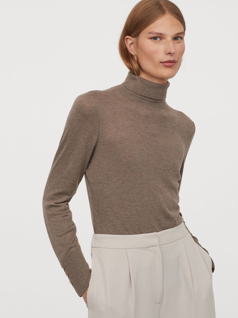 

H&M Women Beige Solid Fine-Knit Polo-Neck Jumper