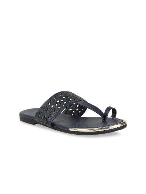 

Footin Women Navy Blue Laser Cut PU One Toe Flats