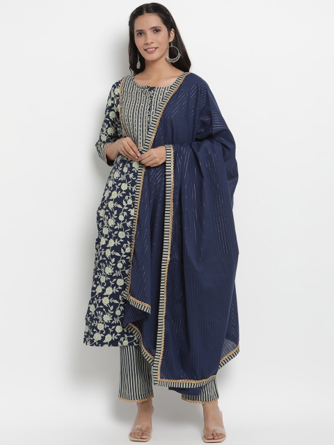 

Prakhya Women Blue & Cream-Coloured Printed Kurta with Trousers & Dupatta