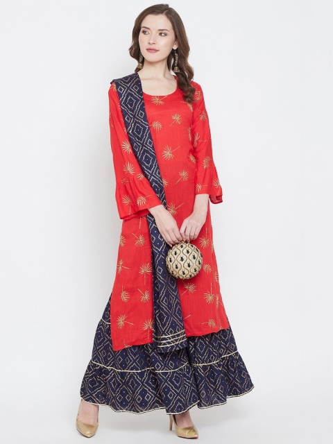 

Castle Women Red & Navy Blue Printed Kurta with Sharara & Dupatta